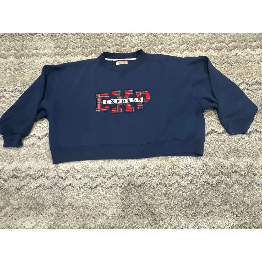 Vintage 90’s EXP Express Blue Sweater With Red Plaid Embroidery Size XL